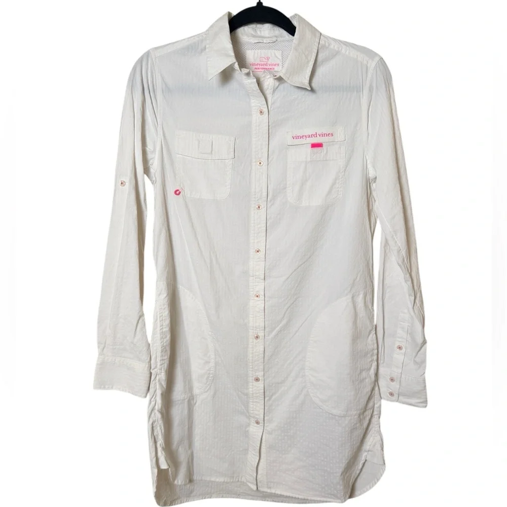 Vineyard Vines White Performance Shirt Dress with Pink Logo - Picture 1 of 10